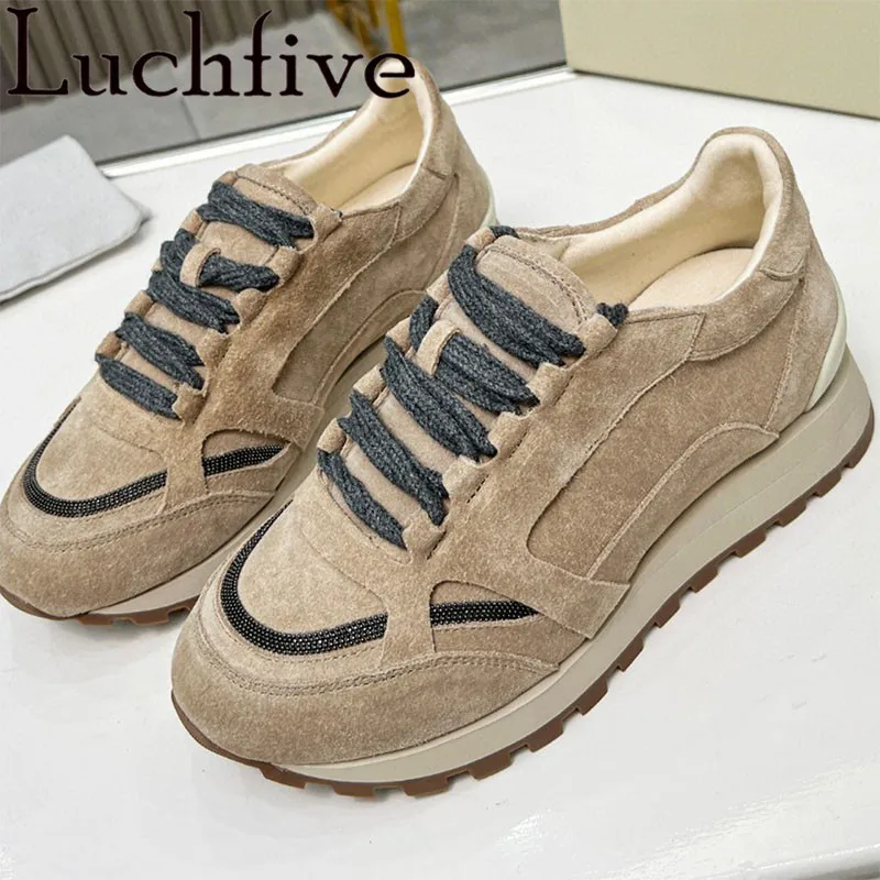 

2022 Luchfive Suede Lace UP Round Toe Flats Women's Shoes High Quality Brand Designer Thick Sole Sneakers Shoes Zapatos De Mujer