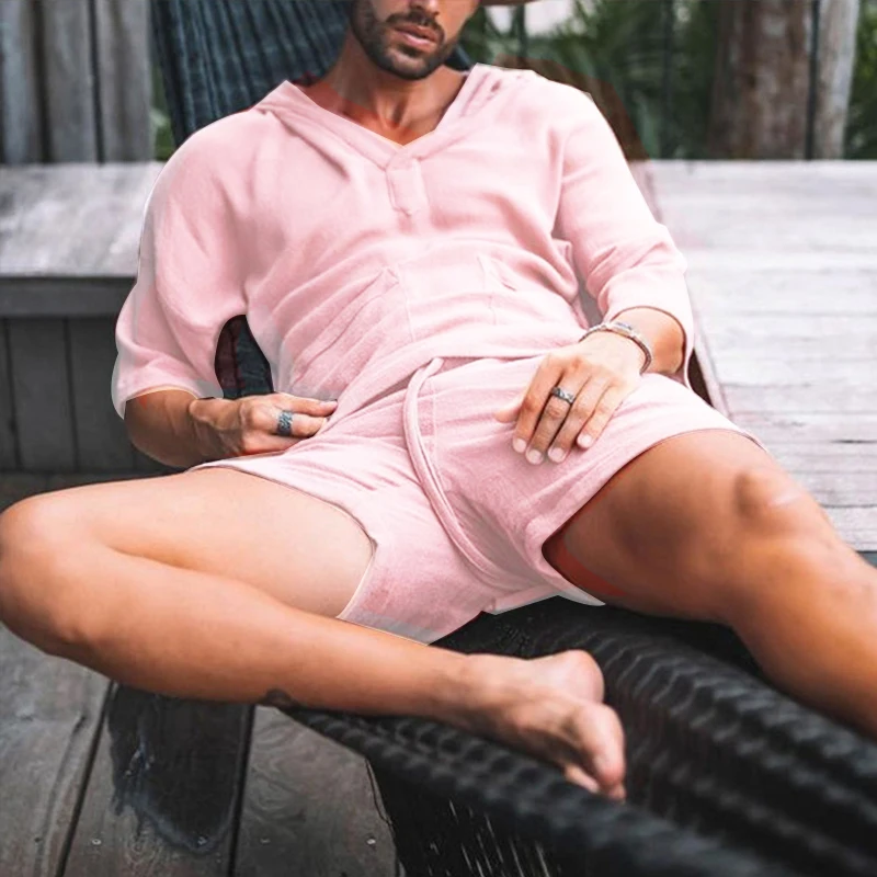 

2pcs/set Men Summer Cotton Linen Shirt Set Loose Casual Tops Shorts Suit Short Sleeve Pajamas Comfy Breathable Beach Shorts