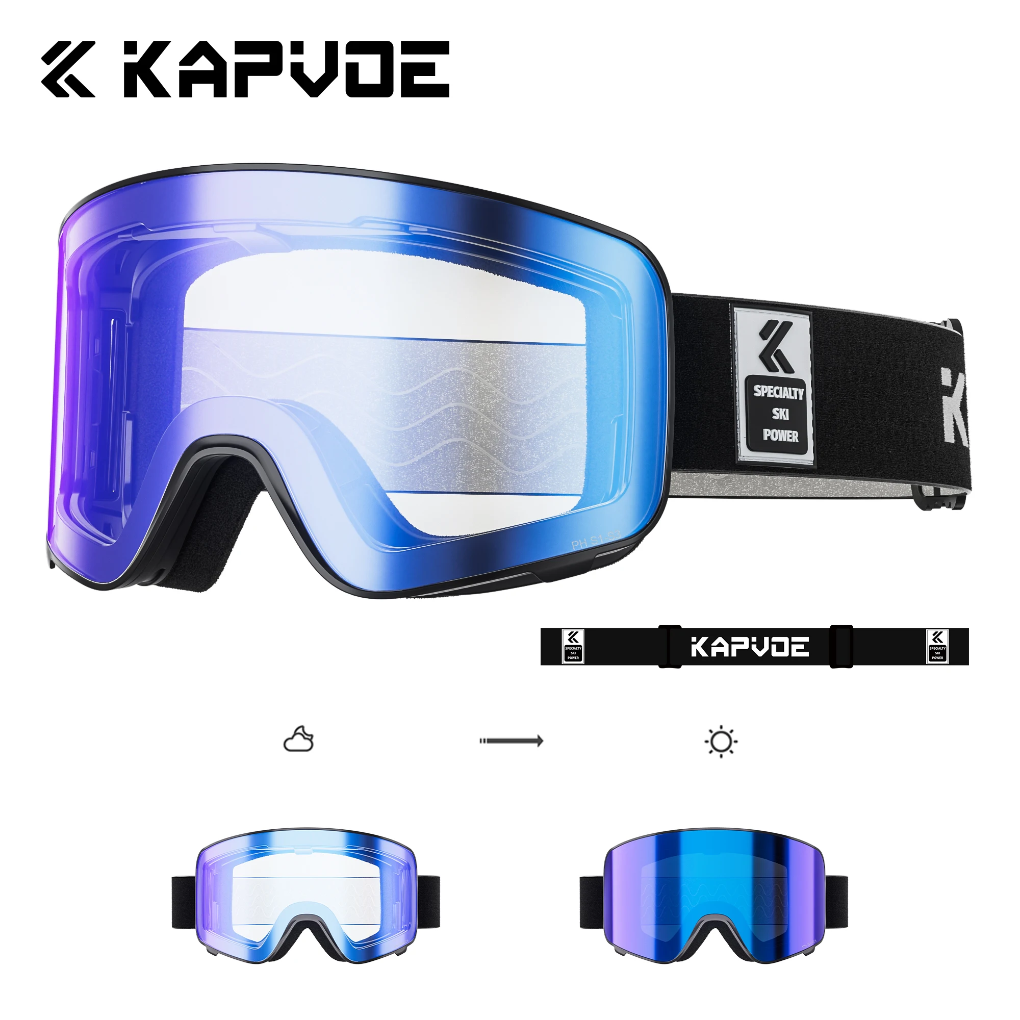 Kapvoe Photochromic Snow Goggles Ski Magnetic Anti-Fog Lenses UV400 Protection Men Women Ski Goggles Sunglasses Sports Eyewear