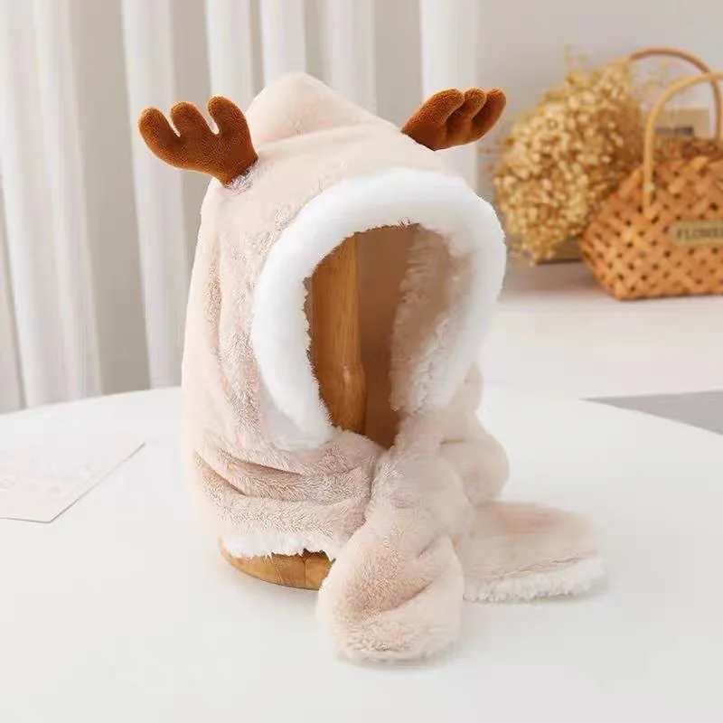 Autumn and Winter Cartoon Scarf One Piece Hat with Thick Windproof Ear Protection and Velvet for Boys Girls