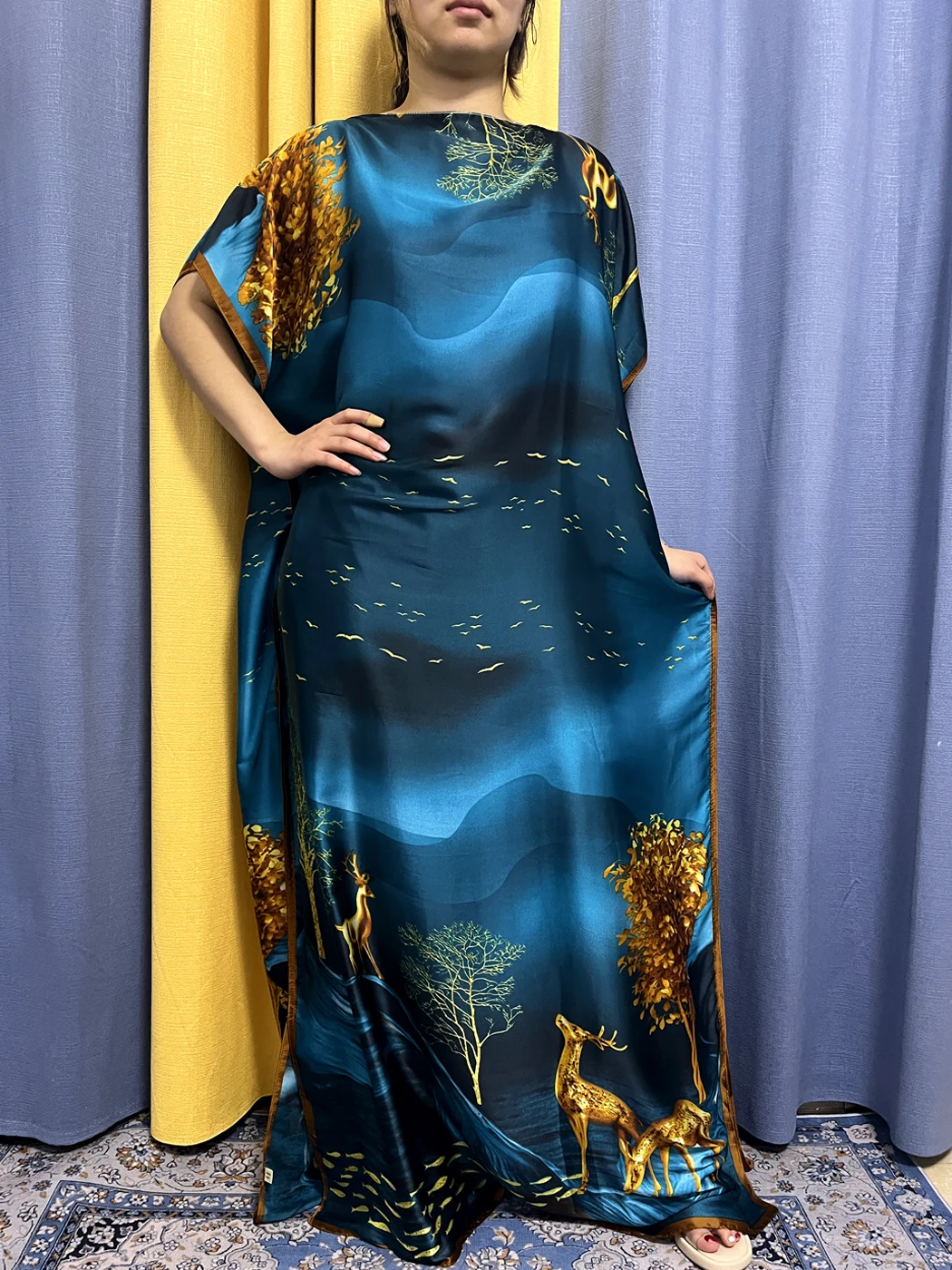 Muslim Abayas For Women 2023 Dubai Fashion Summer Printed Silk Loose Femme Robe African Nigeria Short Sleeve Dresses With Turban
