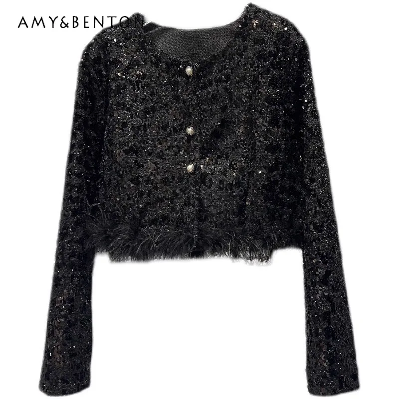

2023 Autumn New Classic Style Ostrich Frayed Sequined Elegant Lady Round Neck Single-breasted Short Coat Women Jacket Cardigan