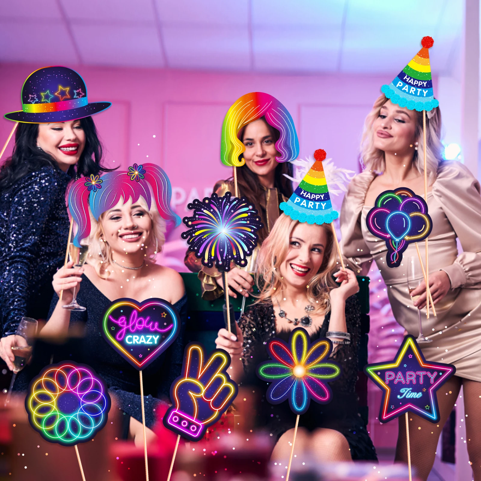 Glow Crazy Party Photo Booth Props Music Club Colorful Graffiti Birthday Party Funny Glasses Lips Hat DIY Photo Shoot Prop Decor party photo props