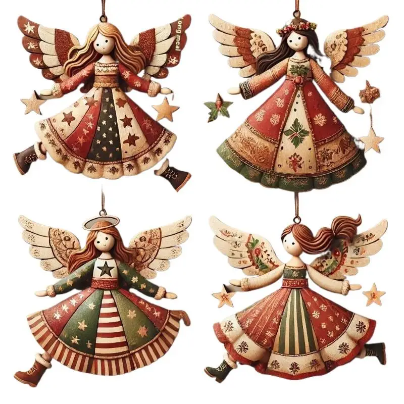 4pcs Handmade Wooden Angel Christmas Ornaments- Multi-Color Festive Decor For Tree, Home & Offic Christmas Pendant