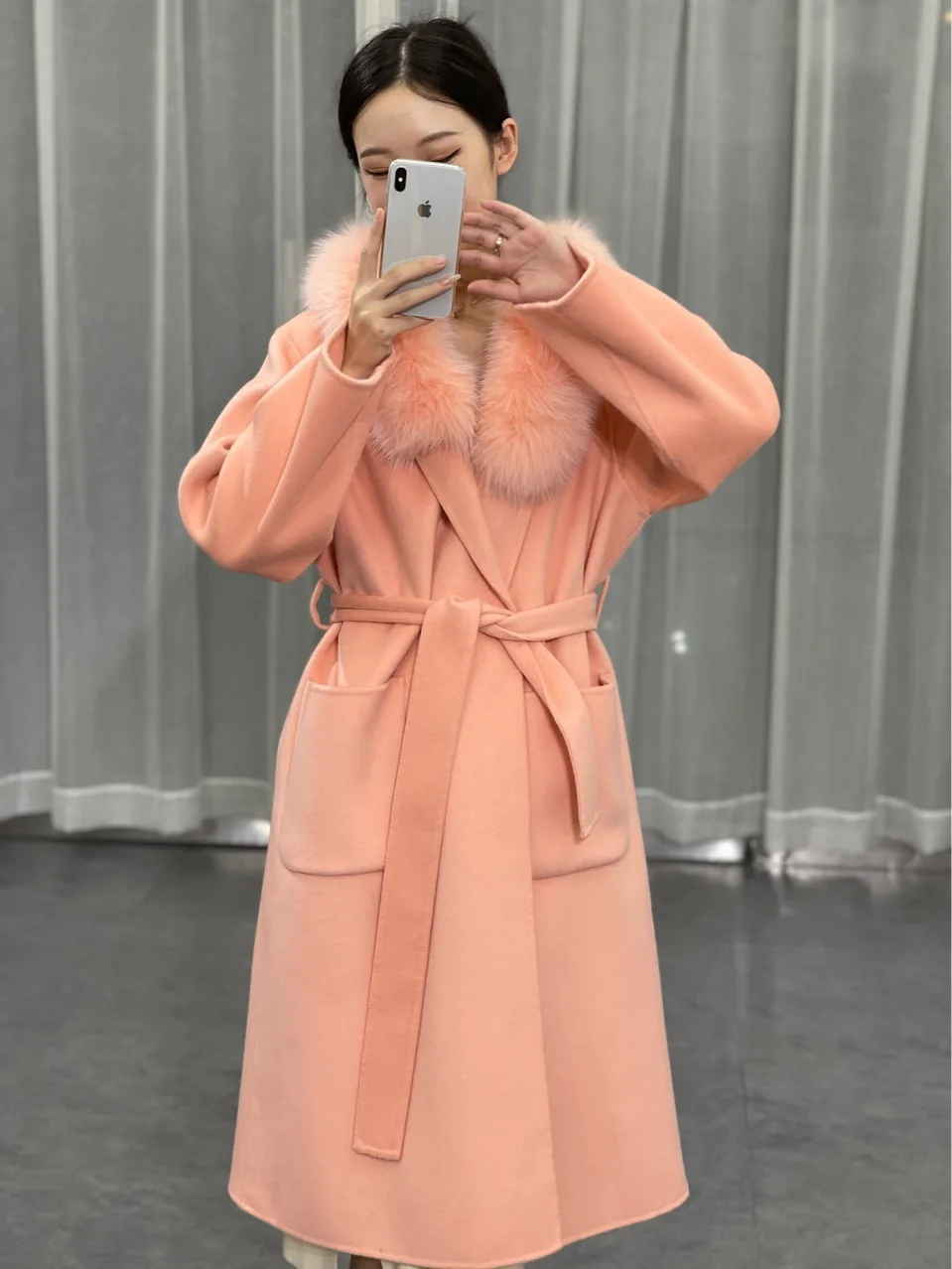 

Korean style Temperament woolen coat fox fur collar big pocket belt long vintage wool coat