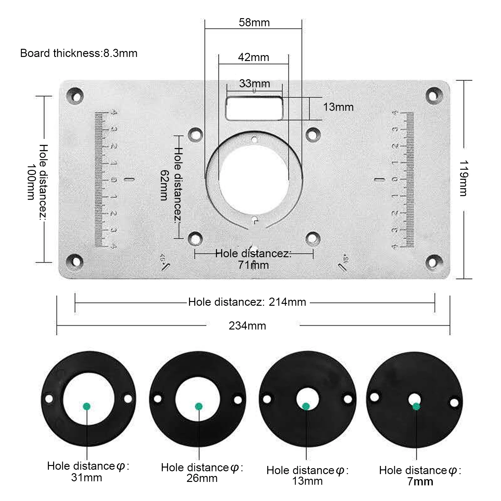 235*120*8mm Aluminum Router Table Insert Plate with 4 Rings and Screws for Woodworking Benches Router Table Insert Plate