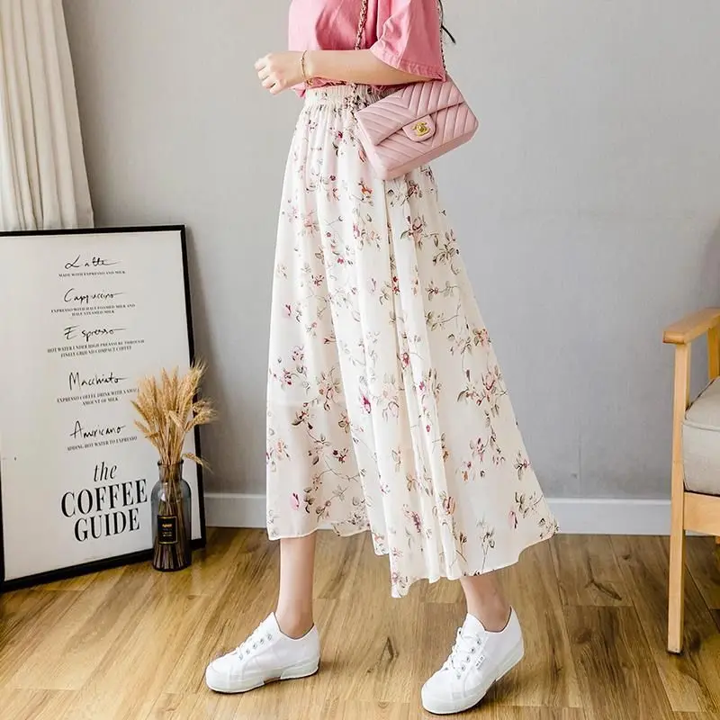 Fashion Elastic Printed Sweet Floral Chiffon Skirts Female Clothing 2024 Summer New Loose All-match High Waist Skirts