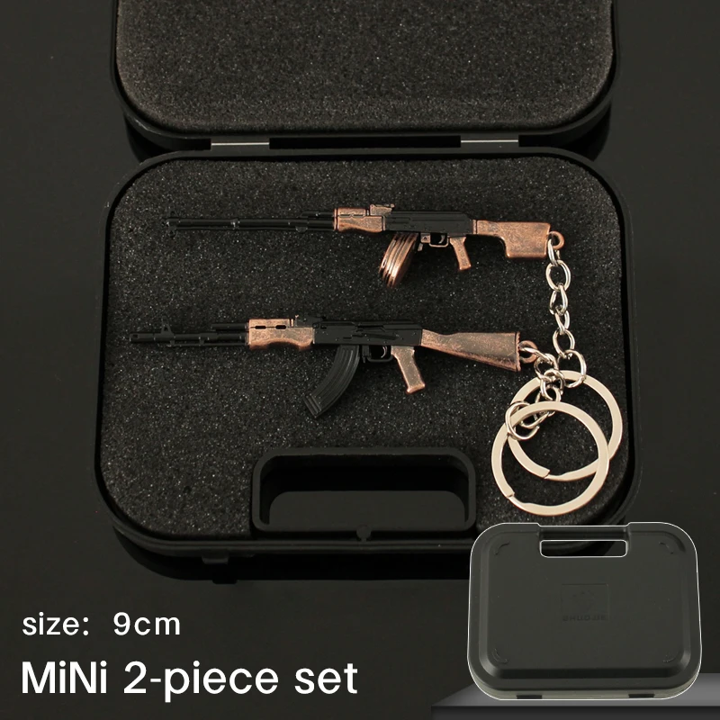 Gift Box Two Piece Set Metal Gun Keychain PUBG AK 47 Glock Mini RPK Grenade Launcher AWM AKM Weapon Model Pistol Pendant Toy 6