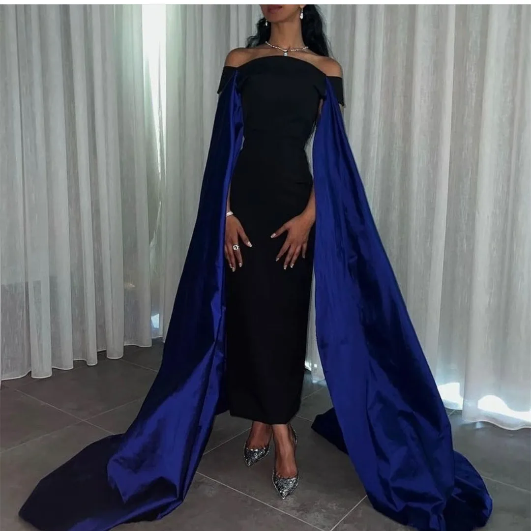 

BridalAffair Vintage Long Strapless Crepe Black Evening Desses With Cape Mermaid Muslim Ankle Length Prom Dresses for Women