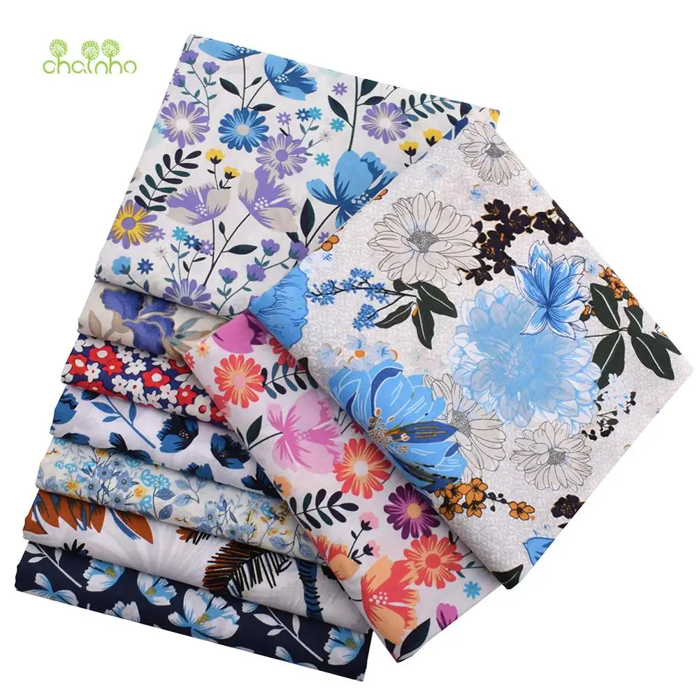 Chainho,Printed Plain Weave Poplin Cotton Fabric,DIY Quilting Sewing Material,Patchwork Cloth,Floral Series,3 Sizes,15PC5,Big