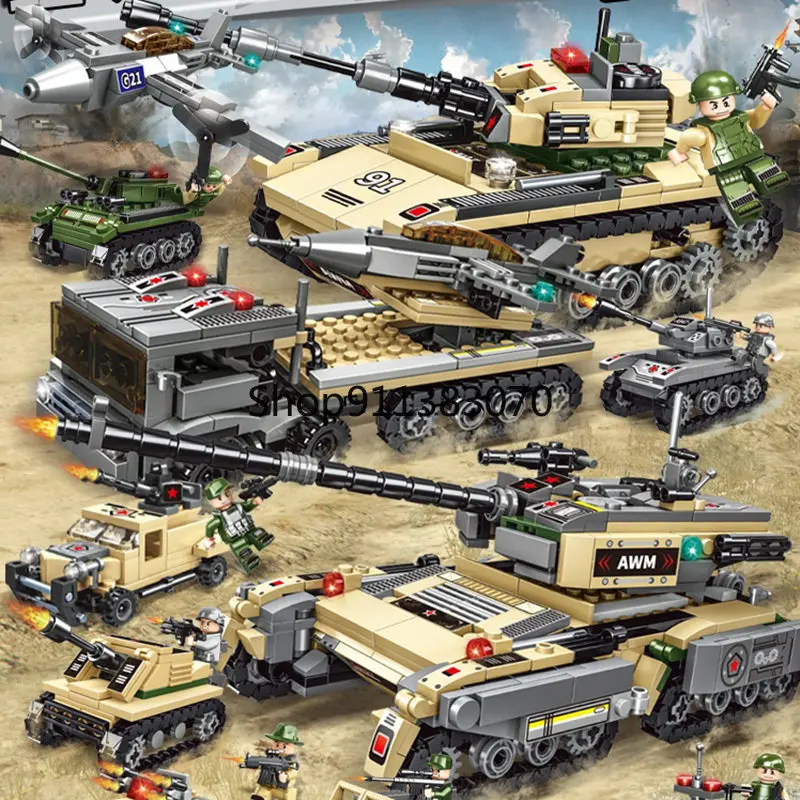 

1030 pcs 8 in 3 Tank Building Blocks WW2 Military Series Fighter helicopter rocket vehicle cruiser Toy Gift