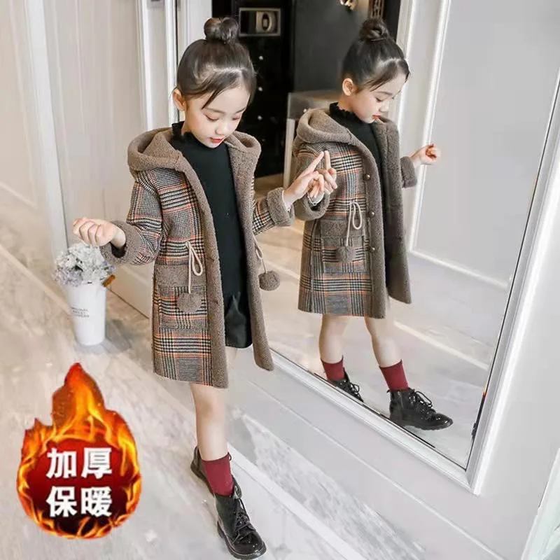 

2024 модная дизайнерская осенне-зимняя парка для девочек, пушистая одежда, длинное шерстяное пальто для детей, верхняя одежда с сетчатым узором, теплая одежда с подкладкой