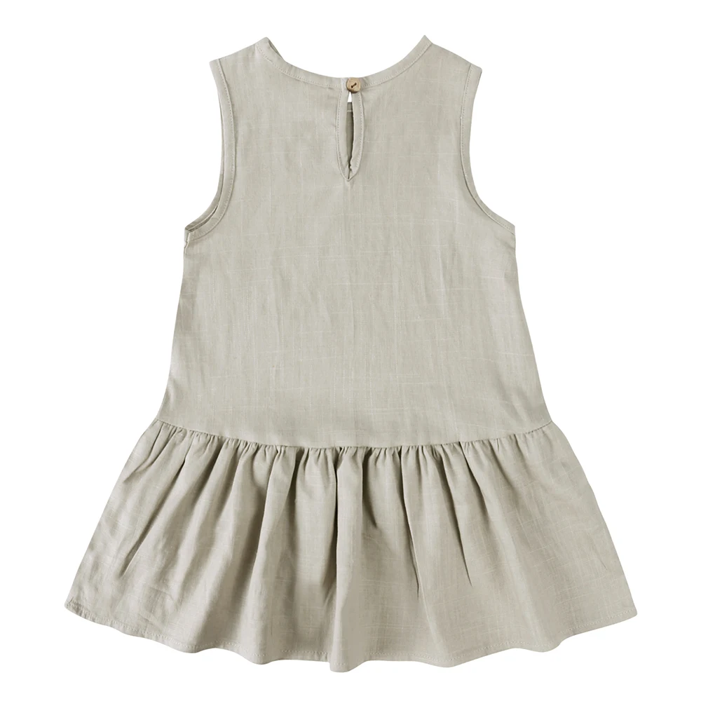 1-8T Sommer Neue Ankunft Kinder Mädchen Kleid Einfarbig Classy Ärmellose Rüschen Leinen Rock Beiläufige Lose Kleinkind mädchen Kleider – Detail 3