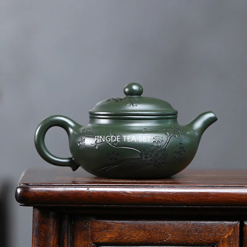 300ml Yixing Handmade Purple Clay Teapot Hand-carved Plum Blossom Pattern Tea Pot Raw Ore Green Mud Kettle Zisha Tea Set