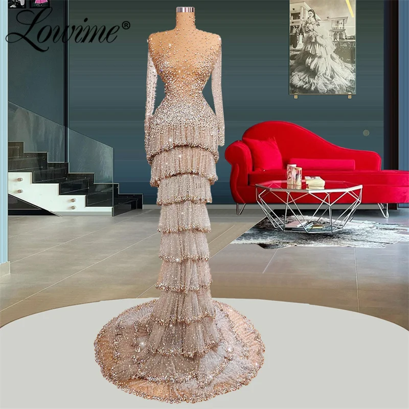 

2022 Newest Luxury See Through Beaded Tiered Evening Dresses Mermaid Long Sleeves Crystals Wedding Celebrity Party Dress Robes