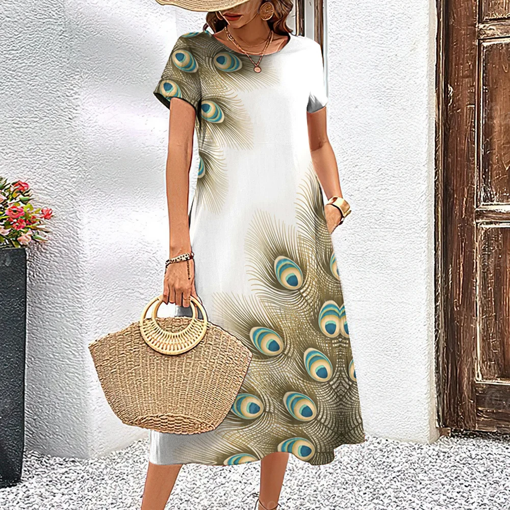 

Womens Dresses 3d Peacock Feather Print Womman Clothing Sexy A-Skirt Fashion Design Top Pullovers Oversized Female Evening Dress