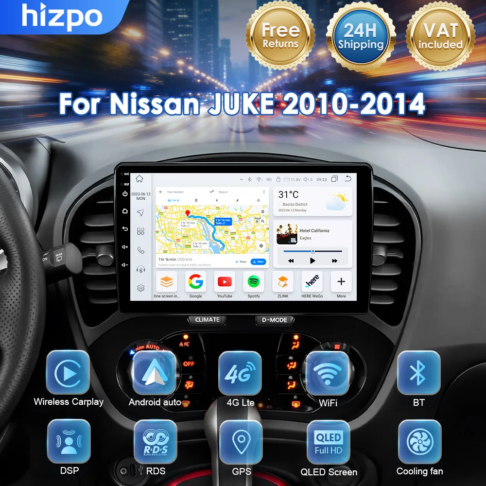 Radio para coche Hizpo de 8 núcleos para Nissan Juke YF15 2010 - 2014, reproductor Multimedia 2 Din Carplay para Apple, Android, unidad principal estéreo para coche, cámara 360, DSP, RDS, GPS 1