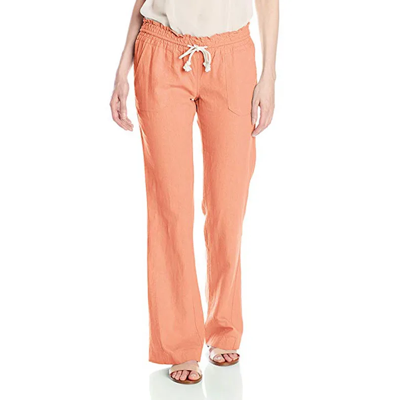 Soft Cotton Linen Women's Trousers Solid Color Lace-up Loose Casual Wide Leg Trousers Women