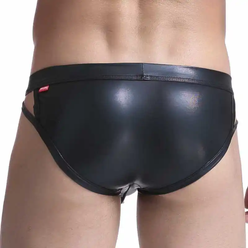 Sexy Men Faux Leather Briefs Gay Underwears Bulge Penis Pouch High Slit Male Panties Erotic Jockstrap Underpants Fetish Lingerie 3