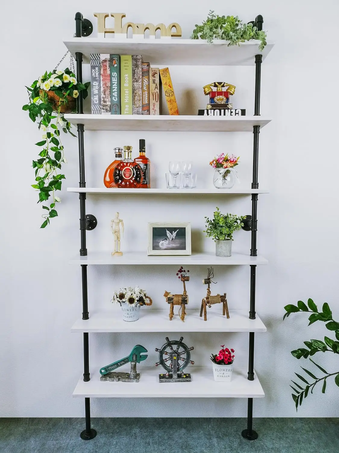 

6 Tier Industrial Ladder Shelf Bookcase, Wall Mounted Rustic Bookshelf for Living Room Decor and Storage (White, 6 Tier - 10" D