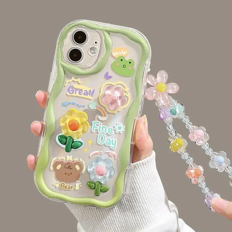 Charming 3D Pink and Blue Flower Chain Phone Case