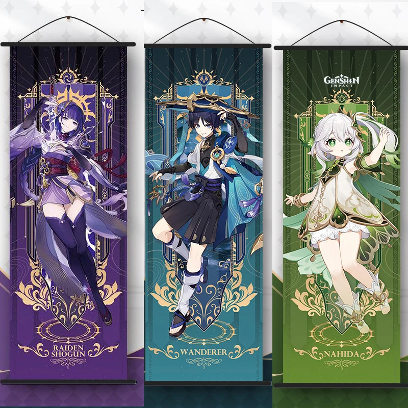 Wall Hanging Poster Genshin Impact Wanderer Tarot Cosplay Anime Xiao Raiden Shogun Kazuha Zhongli Scroll Canvas