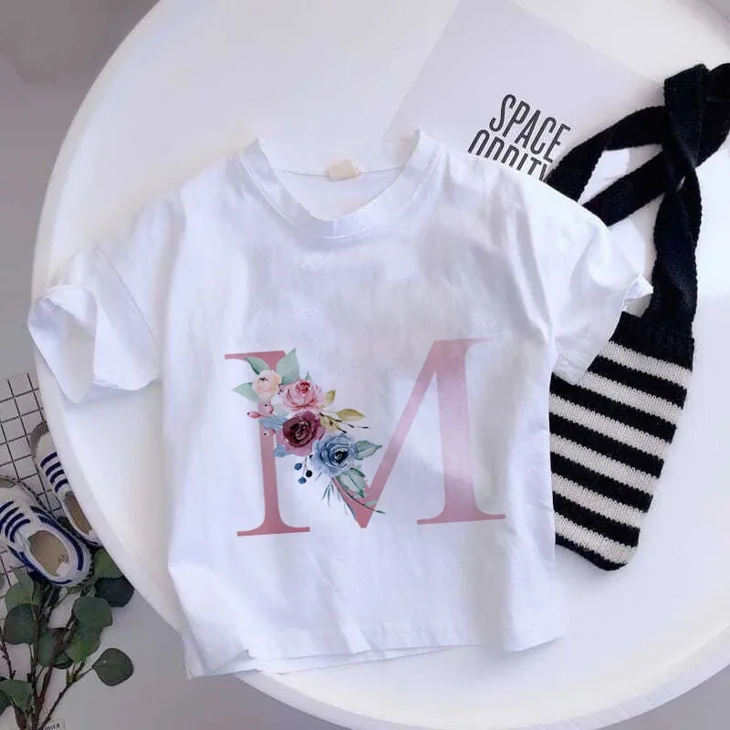 thumbnail image 1 of Camiseta de algodón con 26 letras en inglés ABCD, camiseta de verano para niños con flores, ropa informal de dibujos animados, camisetas de manga corta para niñas y niños, 1 of 5