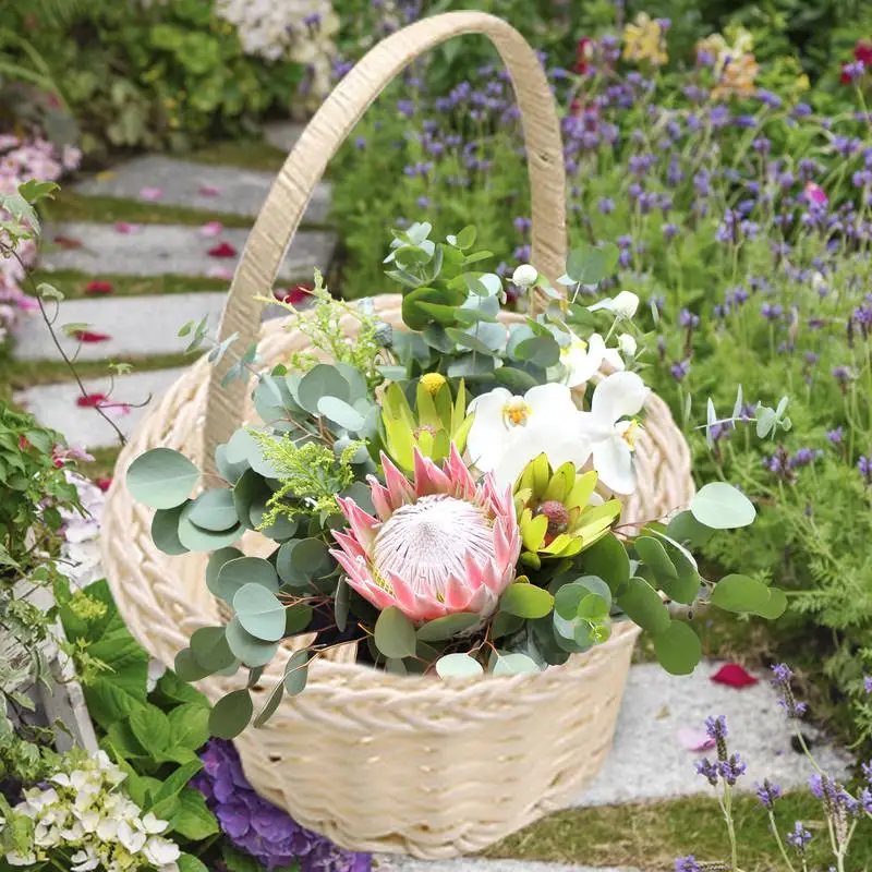 1PC Handmade Flower Arrangement Basket Half Moon Wicker Basket Woven Basket With Handle Wedding Flower Home Decoration 4