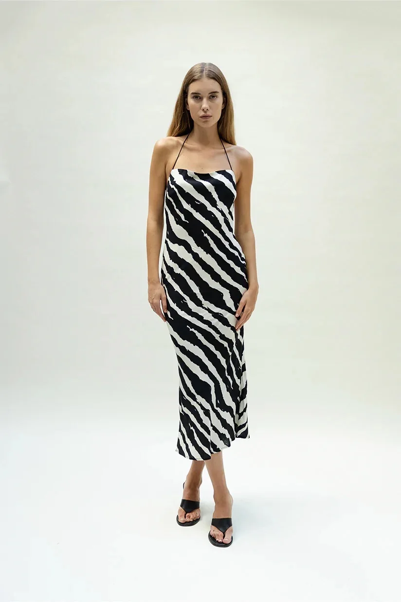 

2023 New Women's Black White Stripes Lace-up Neck Sexy Blackless Slim Fit Wrap Hip Dress