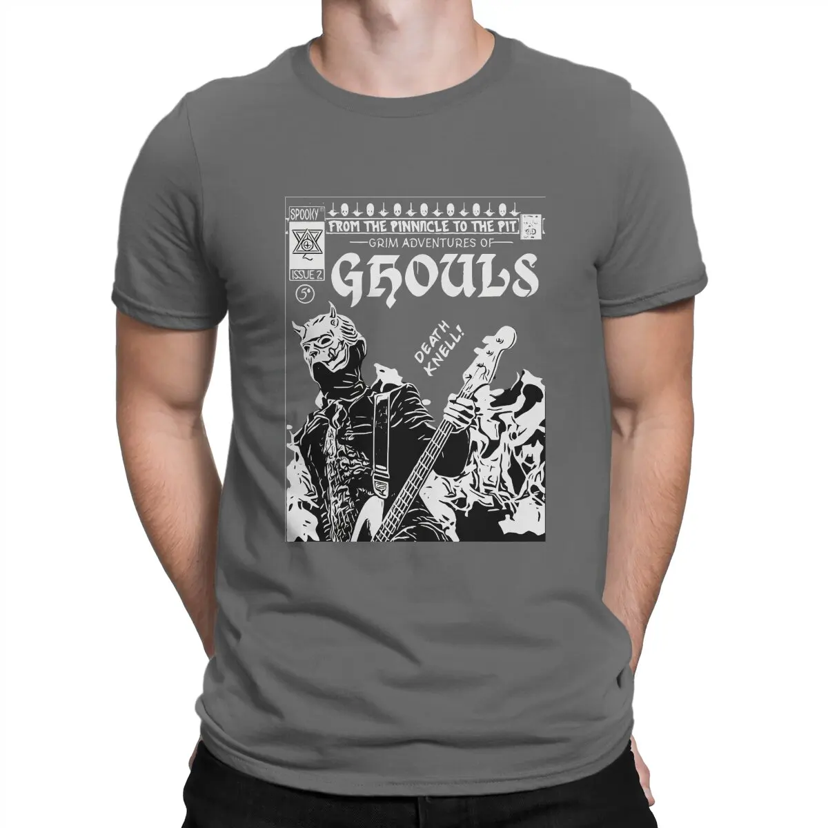 thumbnail image 1 of Camiseta para hombre con diseño de portada de cómic "Namel Ghoul InRed", de algodón vintage en tinta negra, de manga corta, con banda., 1 of 7