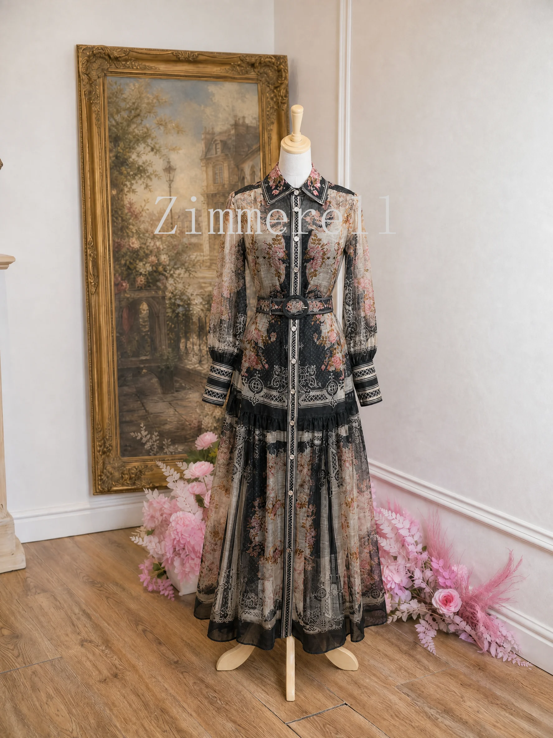 French Vintage Printed Evening Dress Women's Lapel Collar Long Sleeve Single Breasted Long Dress Elegant Chic Court Style Dress
