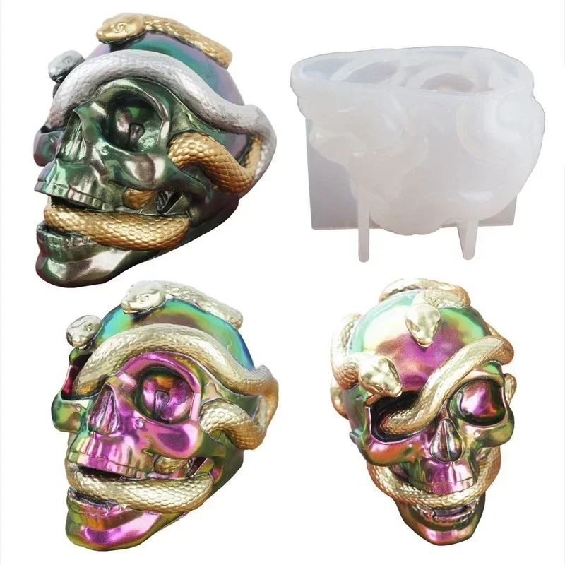 Skull Snake Head DIY Epoxy Resin Mold Double Snake Silicone Molds Halloween Haunted Horror House Desk Decor Candle Mold