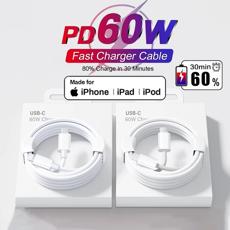 كابل شاحن شحن سريع أصلي من Apple PD 60 واط لهاتف iPhone 17 16 15 14 13 12 11 Pro Max X XS XR 8 Plus كابل شحن مضيء من النوع C