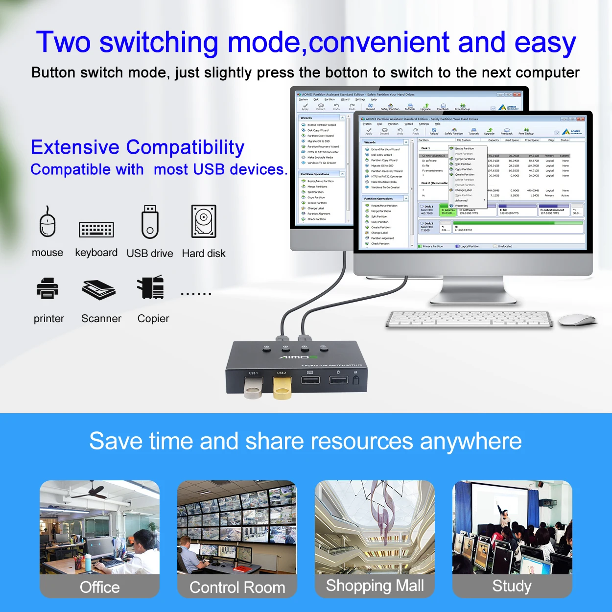 Switch Splitter Box em Saídas Dispositivos Usb Comutador 2.0 para pc Impressora Teclado e Mouse Usb2.0-kvm Comutadores KVM - Imagem 4