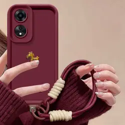 Charming 3D Gold Horse Phone Case with Lanyard - OPPO A58 5G (Wine Red)