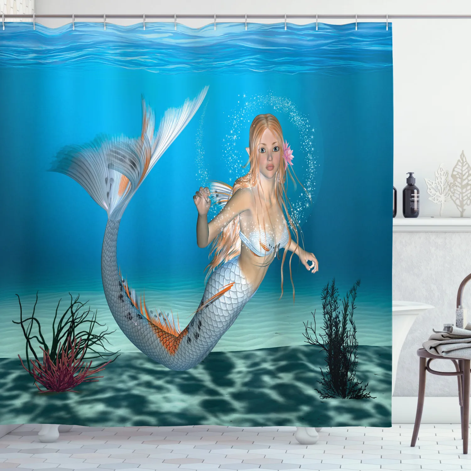 Mermaid Graphic Shower Curtain Set Deep Diving Fish Lady Print for Bathroom Decor 12 Hooks Decorative Bath Accessory | Дом и сад
