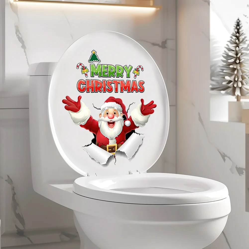 Santa Claus Christmas Toilet Lid Decal Bathroom Decor Sticker Easy Stick-On Reusable & Removable Wall Art for Christmas Gift