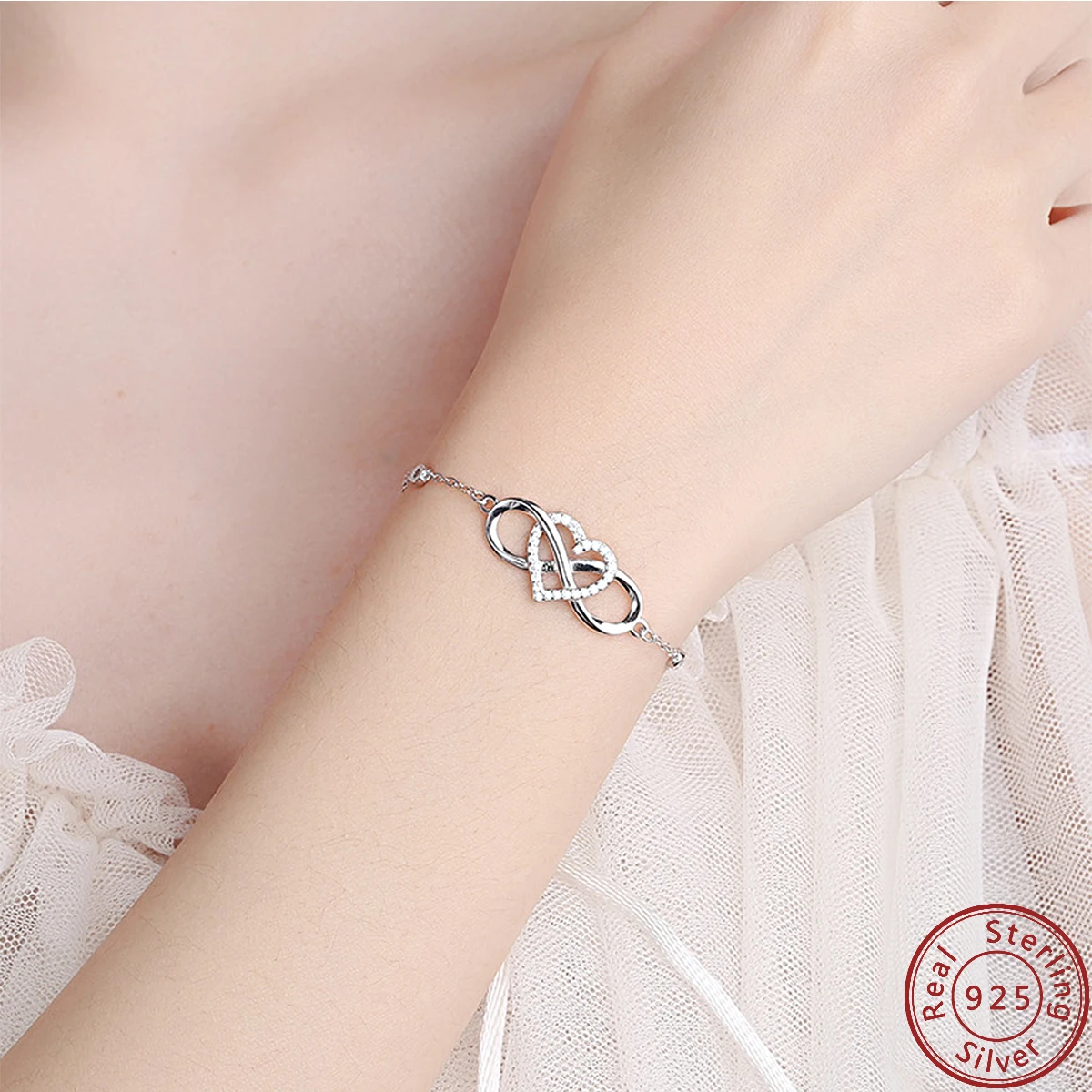 LEKANI Real 925 Sterling Silver Heart and Infinite Symbol Bracelet For Women Elegant Fine Jewerely For Woman Free Shipping
