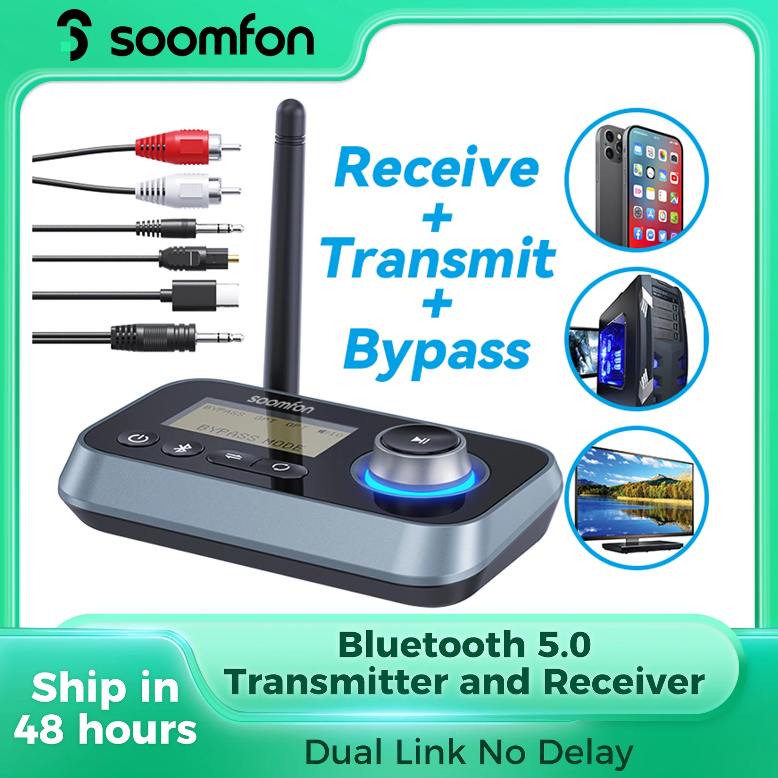 SOOMFON 3-in-1Bluetooth Transmitter Receiver for TV Bluetooth 5.0 Audio Adapter with 3.5mm Aux RCA Optical Cable for Home Stereo