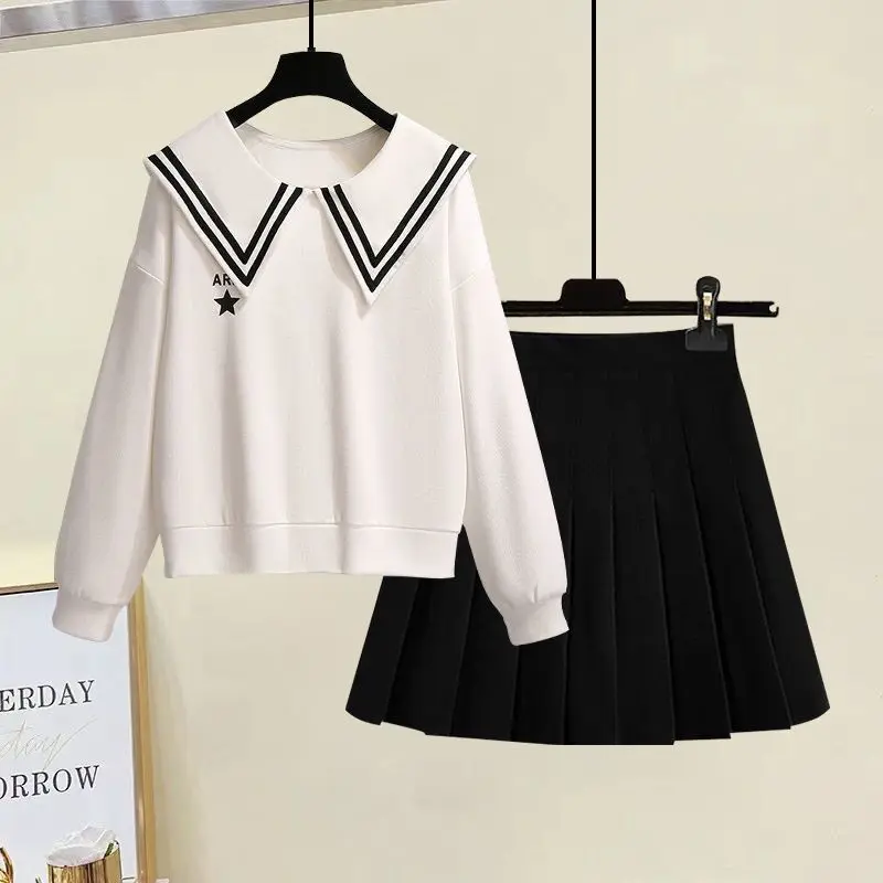 

2023 Spring and Autumn Short Skirt Set Girls Long-sleeved Thin Bodysuit Black Mini Pleated Skirt Two-piece Y2K