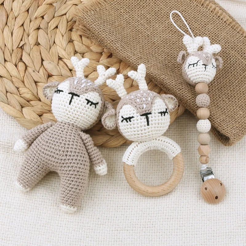 1 Set Baby Play Gym Toys Crochet Elk Fox Rattle Newborn Pram Clips Toy Crib Stroller Mobiles Hanging Bell Wooden Educational Toy