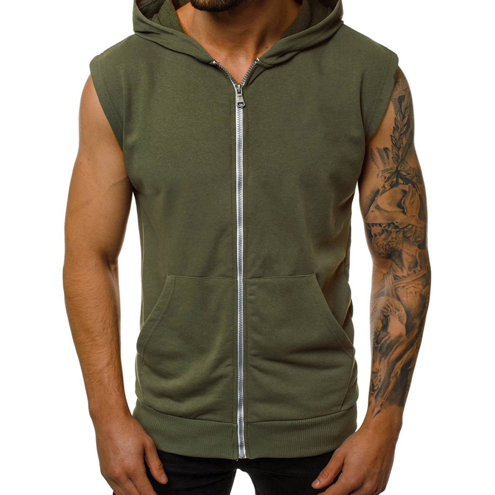 Mens Sleeveless Sport Tops Man Breathable Gym Fitness Workout Tank Top Solid Color Casual Zipper Hoodie Hooded Sweat