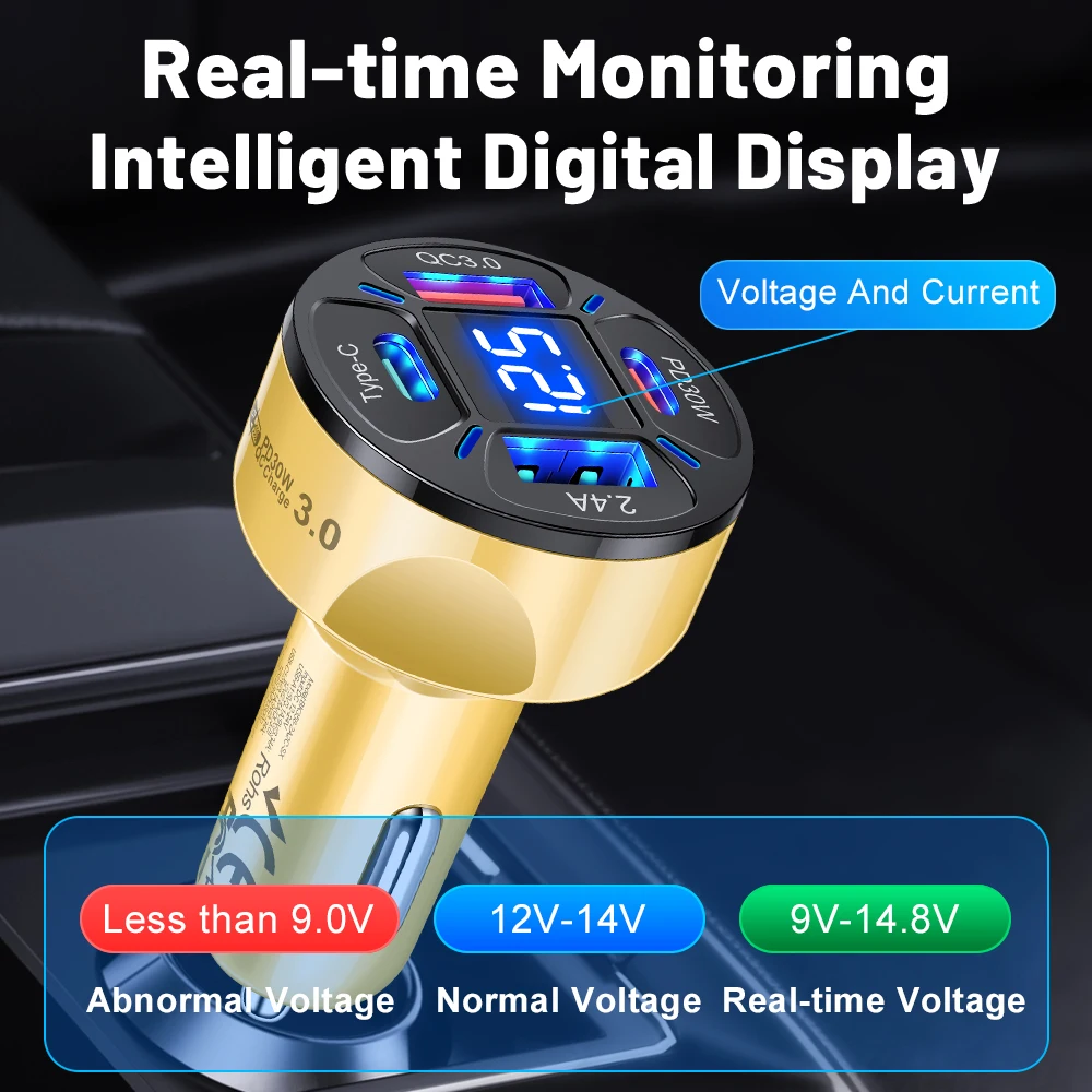 100W Type C Charger Digital Display Car USB Charger Fast Mobile Phone Charging Adapter For iPhone Xiaomi Huawei Samsung Charger