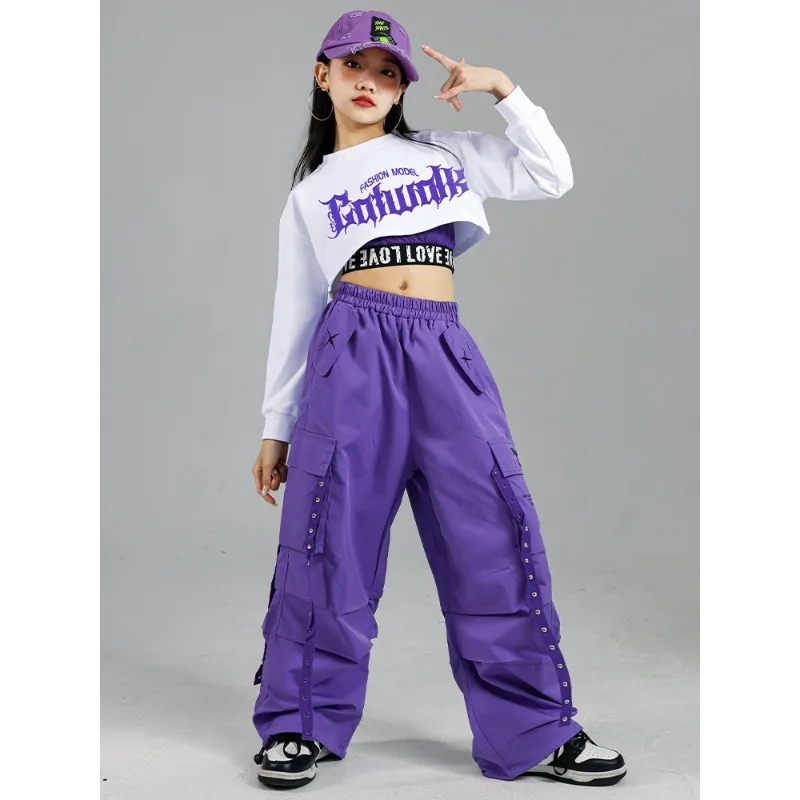Girls' Jazz Dance Clothes White Tops Purple Trousers Children's Hip-hop Costumes Trendy Youth Outfits Stage Suit  Women's Groups - 6