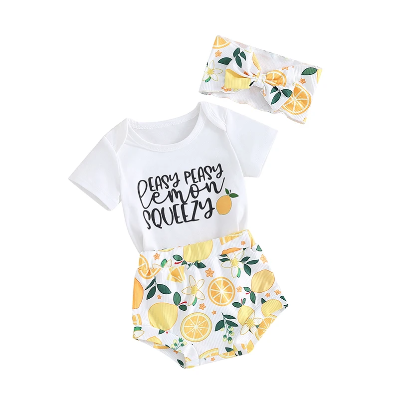 Baby Girls Shorts Set Short Sleeve Letters Print Romper Lemon Print Shorts with Hairband Summer Outfit