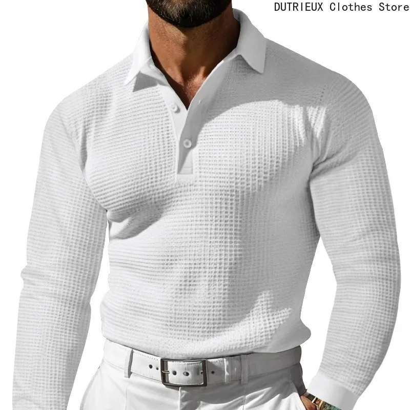 T-shirt sportiva con bottoni risvolto a maniche lunghe con motivo waffle, polo da uomo d'affari autunnale, top casual comodo e traspirante - immagine 6