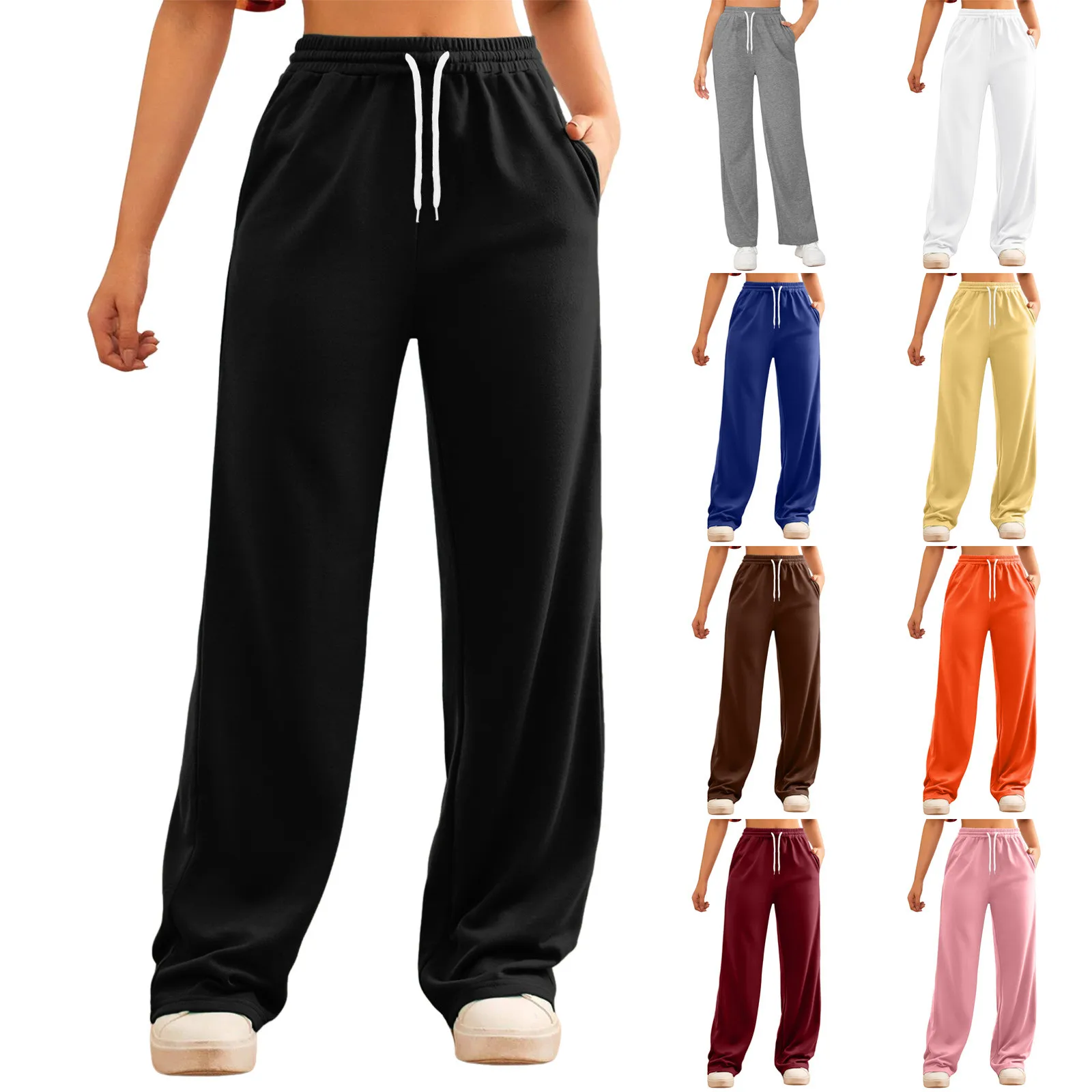 

Women’s Solid Slant Pocket Sweatpants Women's Casual Joggers Sweatpants Solid Color Drawstring High Waist Wide Leg Trousers