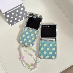 Wave Point Clear Case with Card Holder & Beaded Bracelet Cover - Chic Korean Design - Galaxy Z Flip5 (Blue SL)