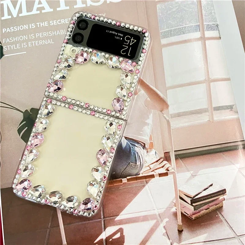 

For Samsung Galaxy Z Flip 1 2 Bling Cases, Pink Sparkle Gems Crystal Case For Samsung Galaxy Z Flip3 4 Flip5 Diamond Border