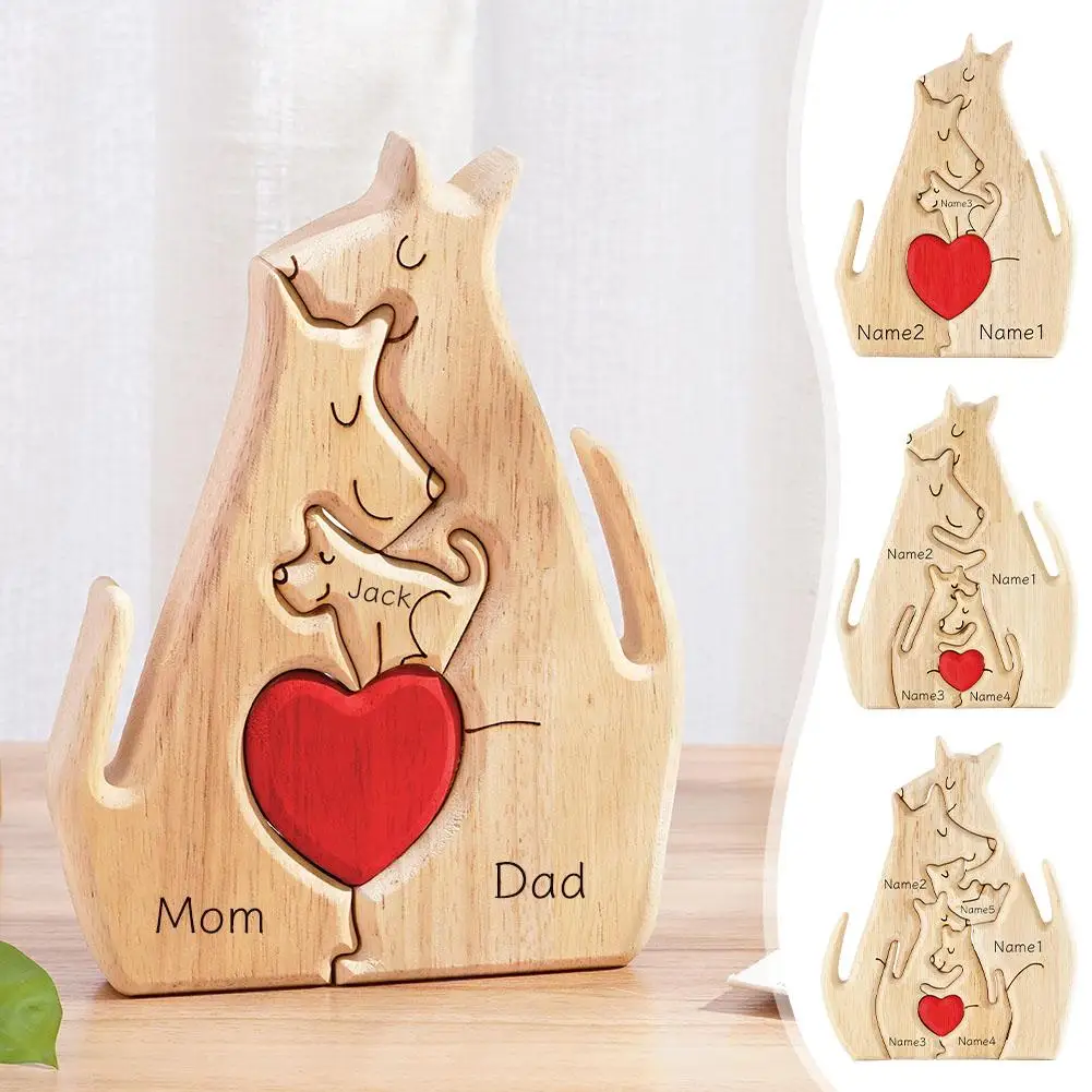 

2024 Personalizeds Custom Cute Dog Family Wooden Art DIY Family Name Art Puzzle Gift For Home Desktop Decoration